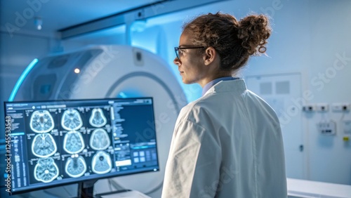 A female doctor in a lab coat examines brain scan images on a digital screen in an MRI room using advanced medical imaging and healthcare technology  
