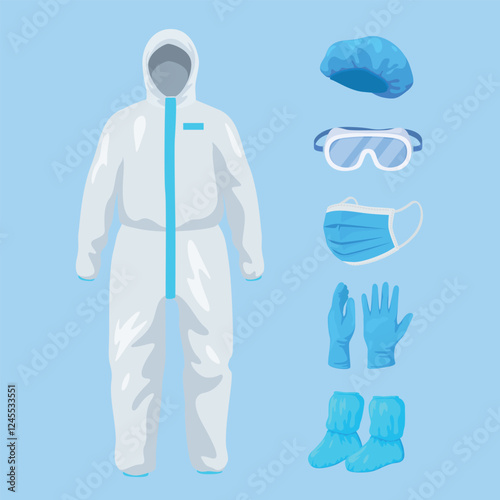 Medical personal protective equipment arranged on a blue background for health and safety in healthcare settings