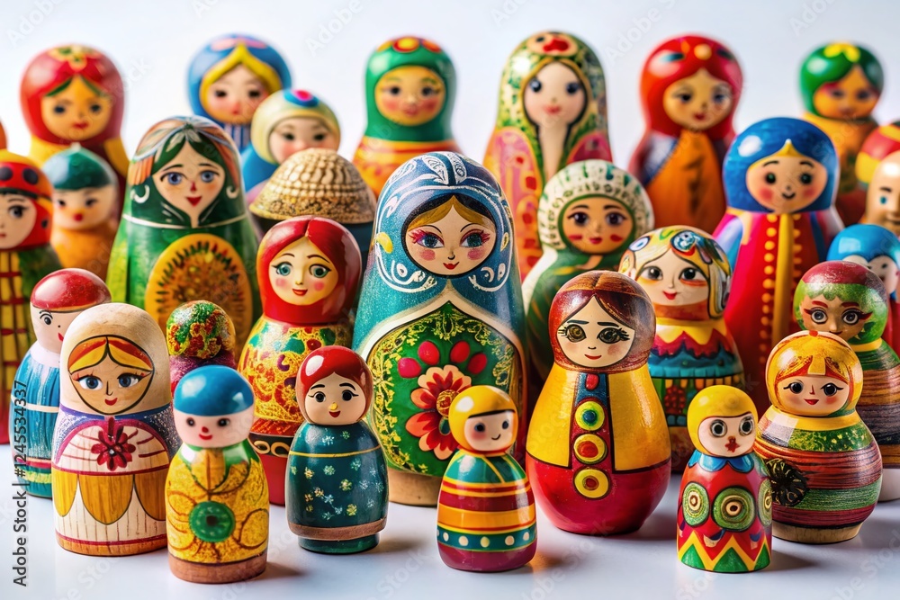 Diverse Colorful Wooden Figurines Arranged Creatively on White Background Diverse Colorful Wooden Figurines Arranged Creatively on White Background