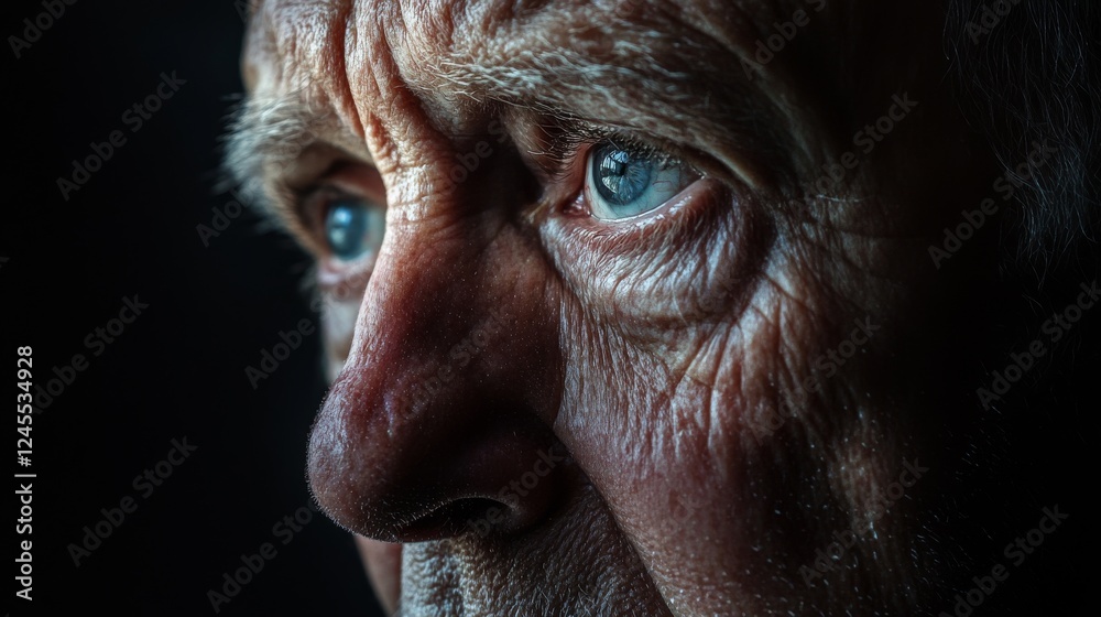 Obraz premium emotional documentary portrait, artistic tear detail, contemplative expression, dramatic contrast lighting, intimate mood capture, natural skin detail, professional studio aesthetic, dark emotional
