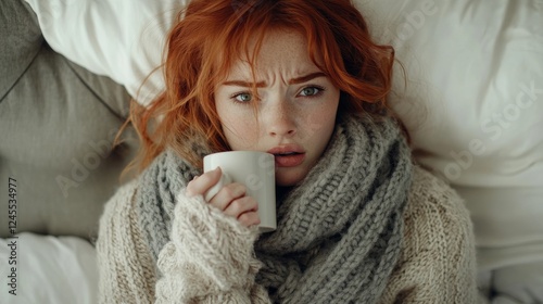 Red-haired female model in winter knitwear expressing throat pain, cream colored sweater, chunky grey scarf, sitting against padded grey headboard, white duvet, holding mug, indoor natural lighting, photo