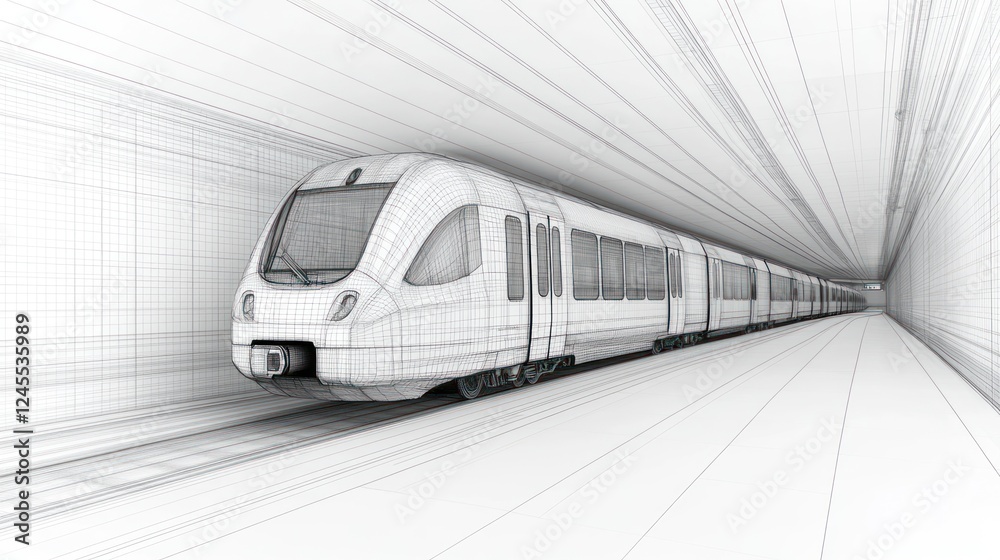 Fototapeta premium Wireframe train in a tunnel.