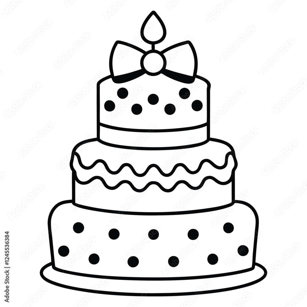 Black and White Birthday Cake Outline with Candle and Bow. Line art birthday cake icon, Set of silhouette birthday cake vector illustration Black and White Birthday Cake Outline with Candle and Bow. Line art birthday cake icon, Set of silhouette birthday cake vector illustration
