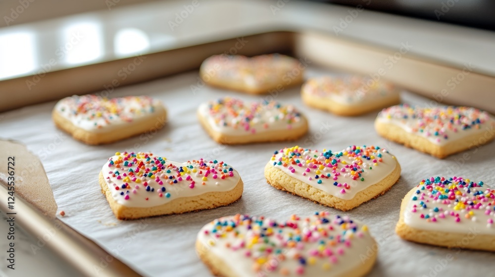 Colorful Heart Shaped Cookies with Sprinkles on Baking Tray Colorful Heart Shaped Cookies with Sprinkles on Baking Tray