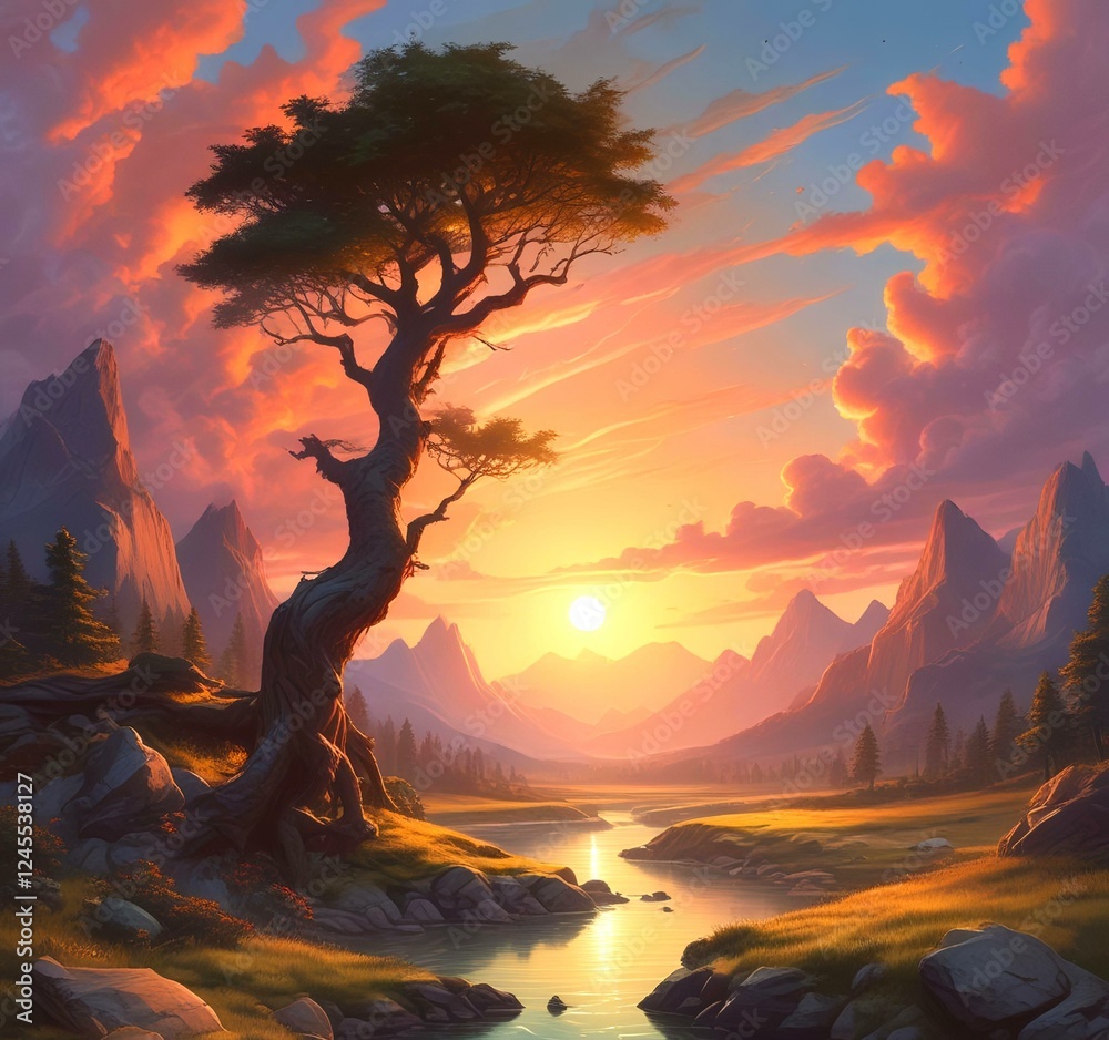 Illustration of fantasy scenic landscape. Illustration of fantasy scenic landscape.