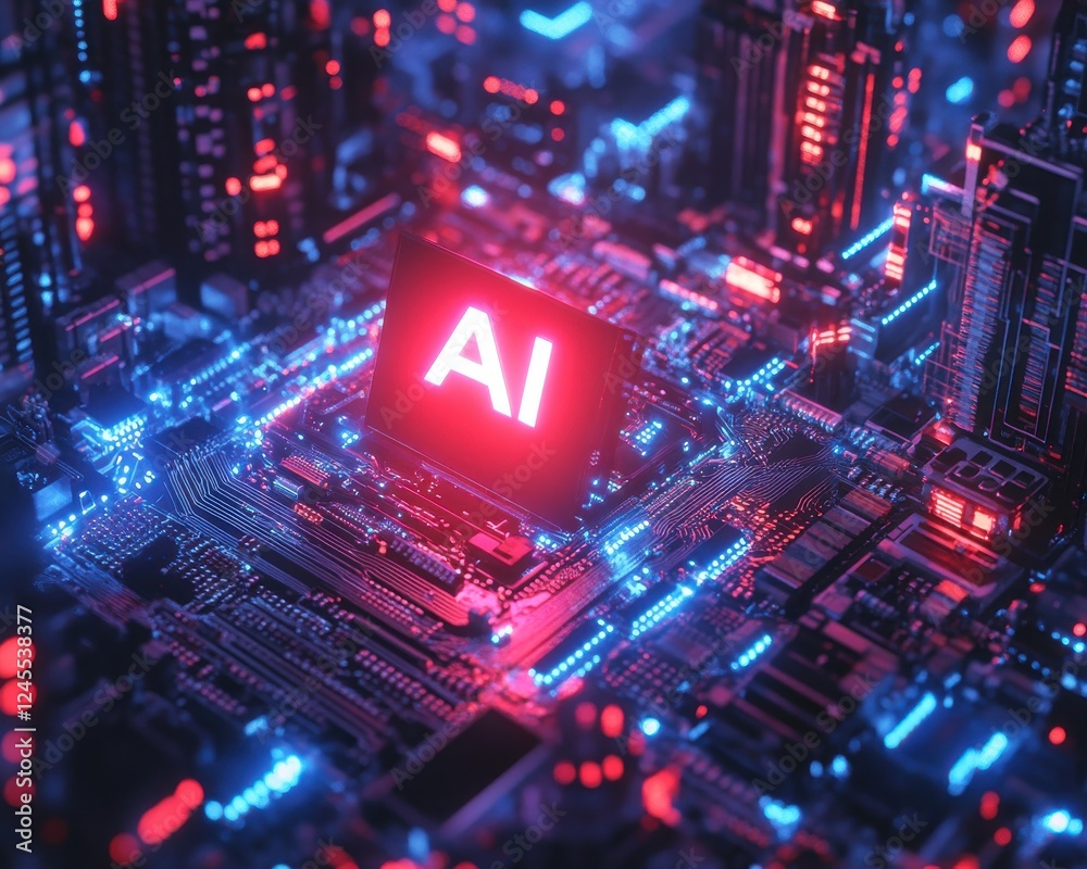 Fototapeta premium Futuristic Microchip Surrounded by Vibrant Neon Lights Representing Artificial Intelligence Technology and Modern Cybernetic Cityscape