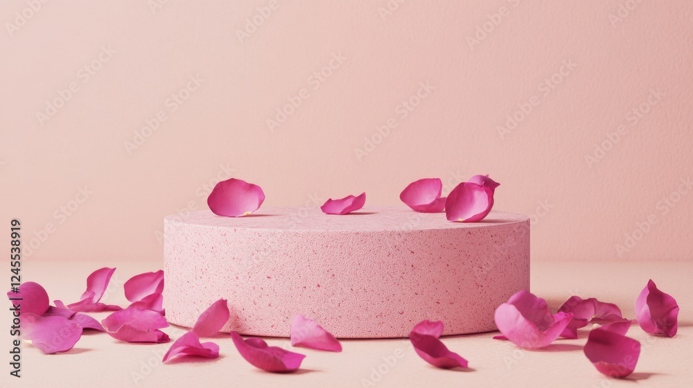 Fototapeta premium Pink Podium Surrounded by Rose Petals on Soft Pink Background