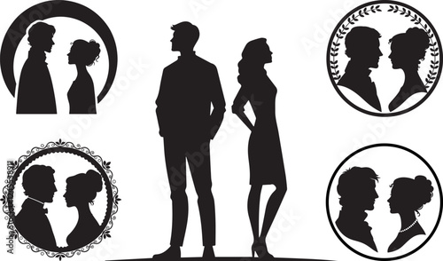 Man and woman variant style cameo silhouette vector illustration set, isolated on a white background.