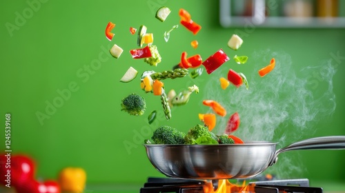 Fresh colored vegetables flying from the stainless steel frying pan. At the bottom - a cooking stove with burning fire. Green studio background