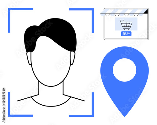 Minimalistic black and white head silhouette within blue recognition frame next to blue location pin and shopping cart icon. Ideal for digital security, online shopping, targeted marketing, user