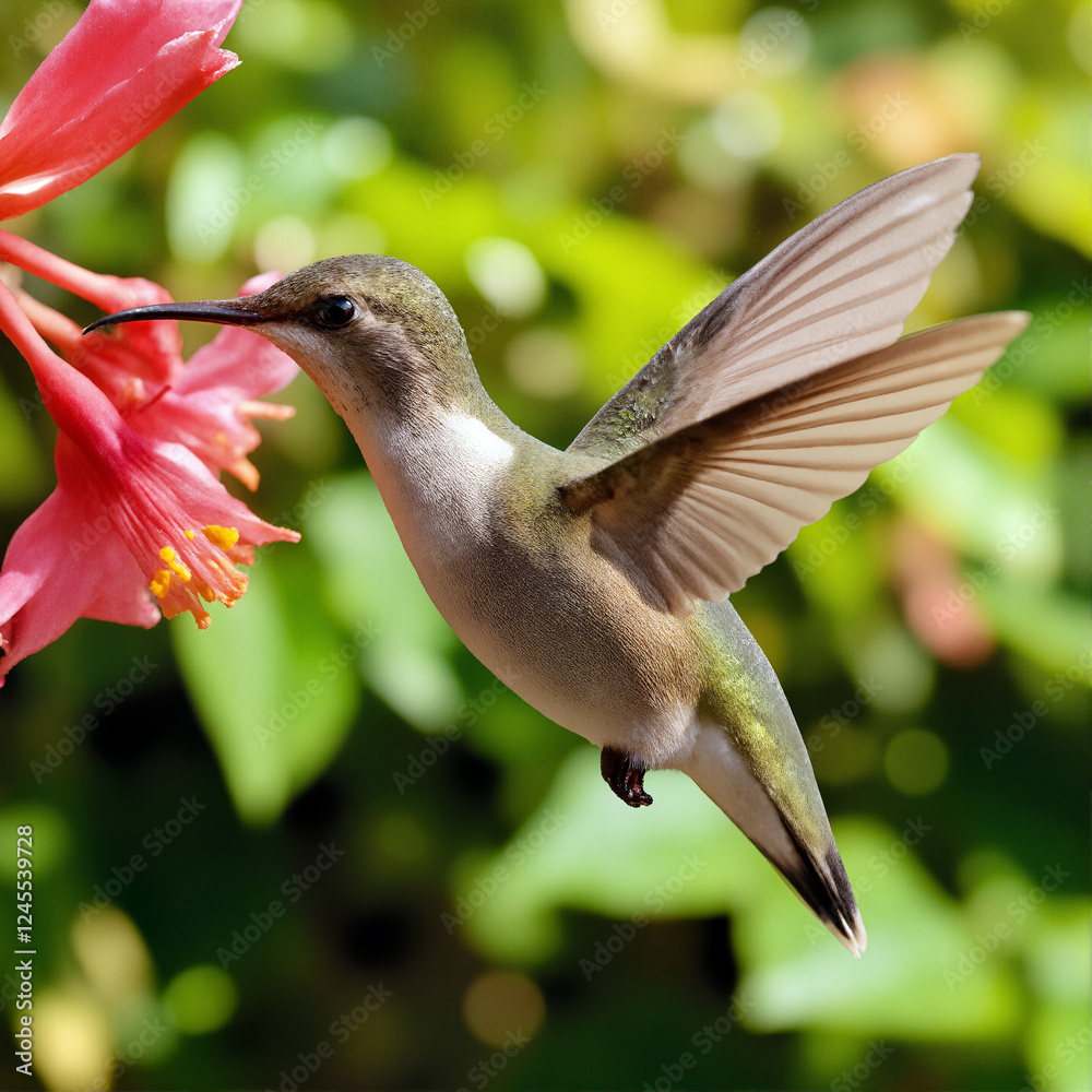Fototapeta premium A hummingbird collects nectar from a flower in flight.