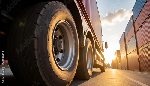 Truck tires and containers at sunset - Transportation and logistics for global supply chain