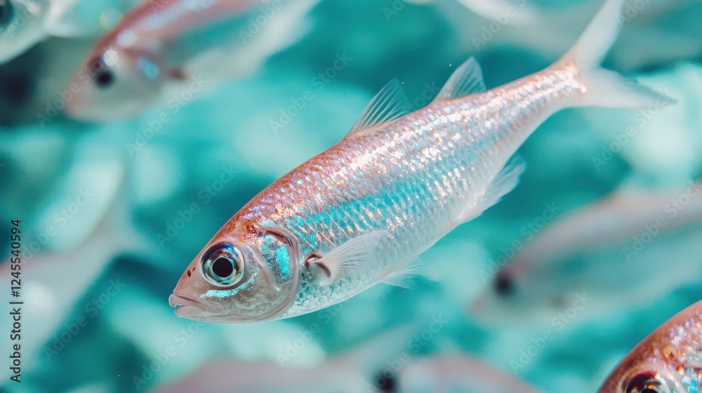 Naklejka premium Silver Fish Swimming in Clear Blue Water with Bright Reflections