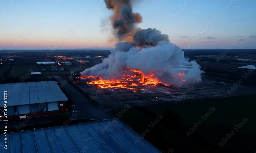 firestorm in warehouse: aerial firefighting at dusk in full effect