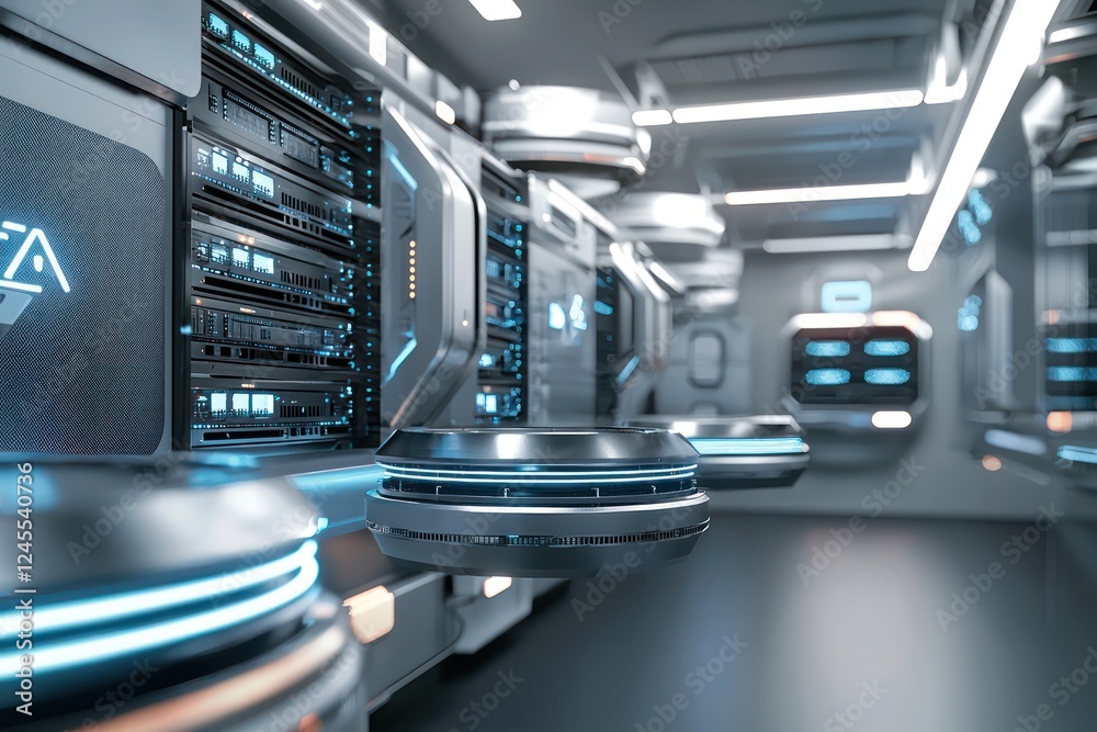 Fototapeta premium Server racks float using magnetic levitation, reducing friction and enhancing longevity.