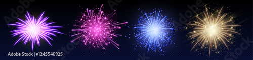 Firework explosions set with sparkling stars - luminous firecracker bursts in pink, blue and golden colors radiating from bright center. Night sky light effects for festive events, party design.