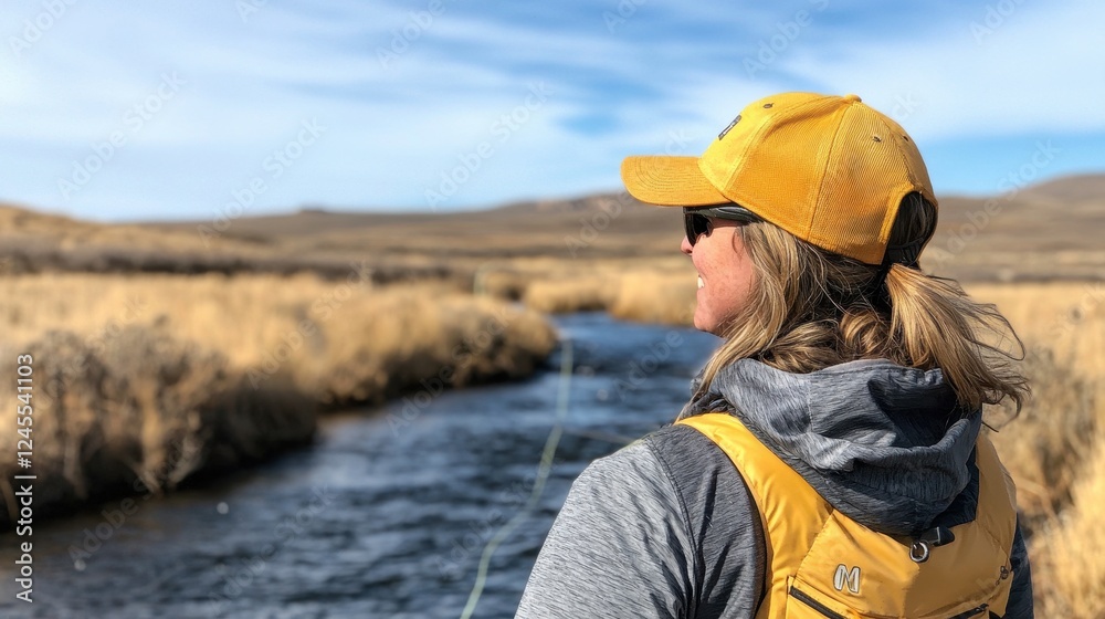 Woman Enjoys Peaceful Day Fishing in Scenic Nature Landscape Woman Enjoys Peaceful Day Fishing in Scenic Nature Landscape