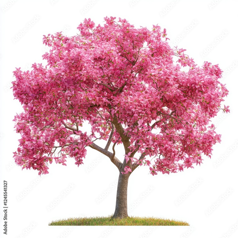 Obraz premium A breathtaking pink tree in full bloom with vibrant pink flowers, set against a white background