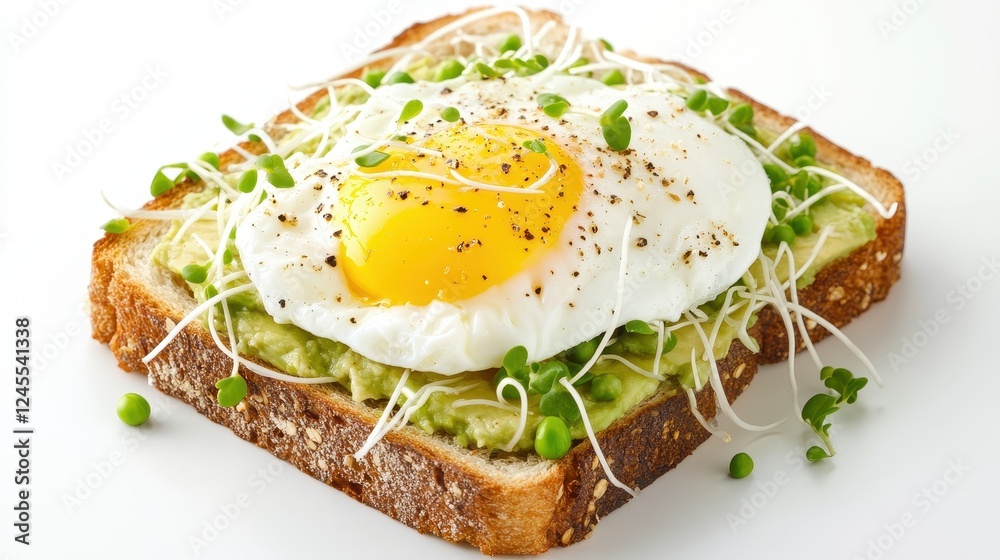 Whole wheat toasted bread with avocado, poached egg, pea sprouts and cheese over white background. Top view. Healthy diet breakfast Whole wheat toasted bread with avocado, poached egg, pea sprouts and cheese over white background. Top view. Healthy diet breakfast