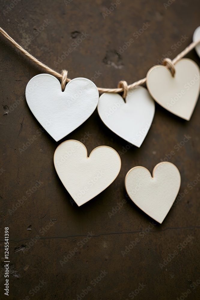 Close-up of paper heart cutouts on string against antique surface with rich texture Close-up of paper heart cutouts on string against antique surface with rich texture