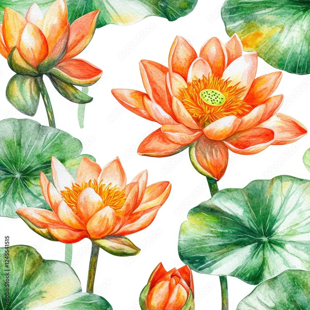 Fototapeta premium A bright and lively watercolor of water lilies with orange petals and fresh green leaves, on a pure white background