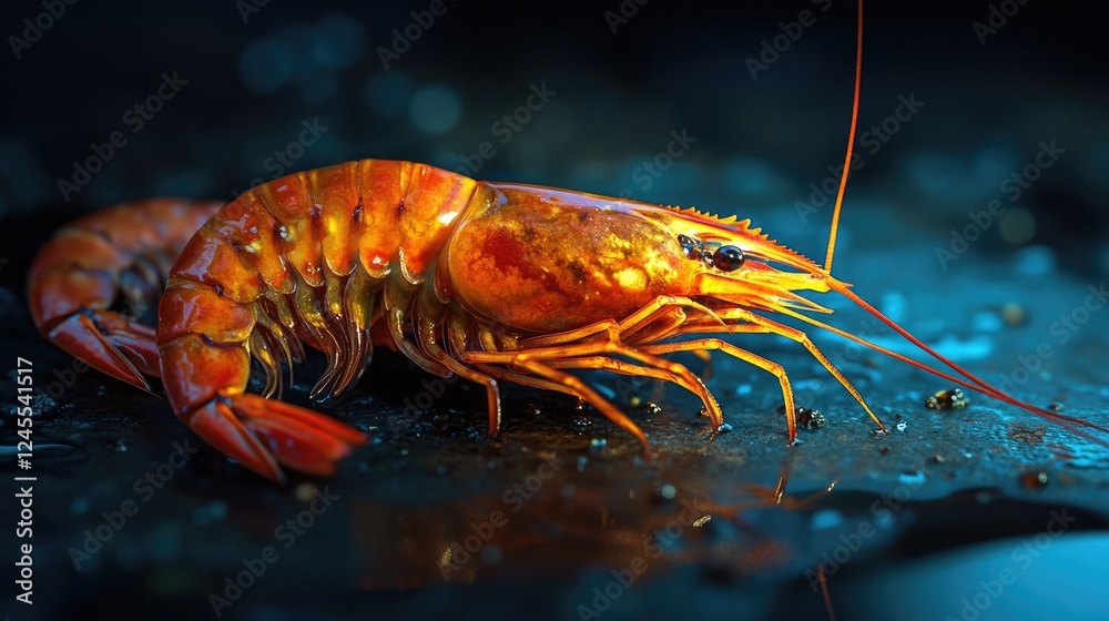 Detailed close-up of vibrant orange shrimp on a dark, wet reflective surface Detailed close-up of vibrant orange shrimp on a dark, wet reflective surface