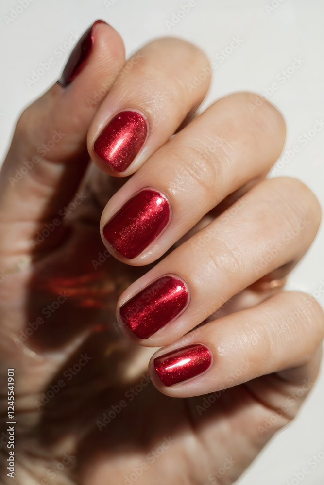 A close-up of a hand with ruby-inspired nails against a clean white background A close-up of a hand with ruby-inspired nails against a clean white background