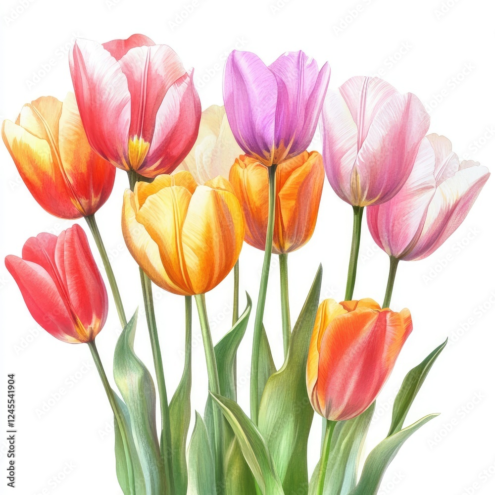 Obraz premium A charming array of blooming tulips in watercolor style, highlighted on a white background