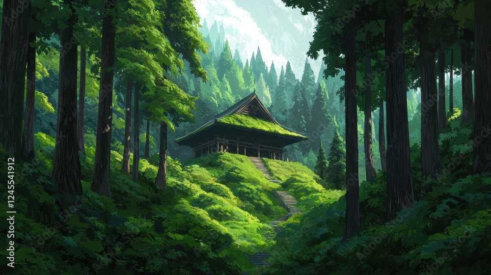 Serene Forest Retreat with Lush Greenery and Mountain Backdrop Serene Forest Retreat with Lush Greenery and Mountain Backdrop
