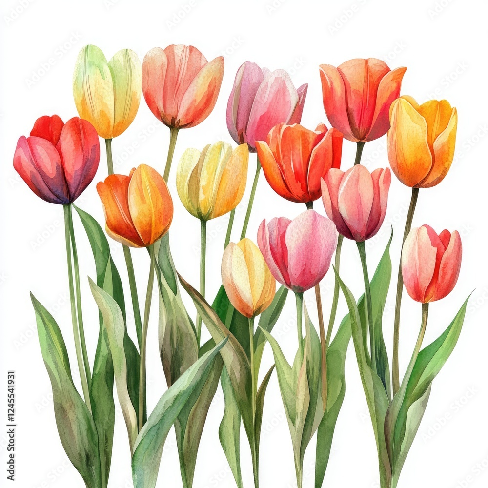 A charming array of blooming tulips in watercolor style, highlighted on a white background A charming array of blooming tulips in watercolor style, highlighted on a white background