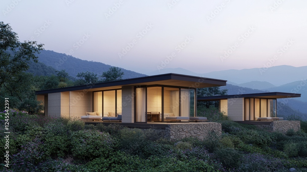Modern Eco-Friendly Houses Nestled in Scenic Mountain Landscape Modern Eco-Friendly Houses Nestled in Scenic Mountain Landscape