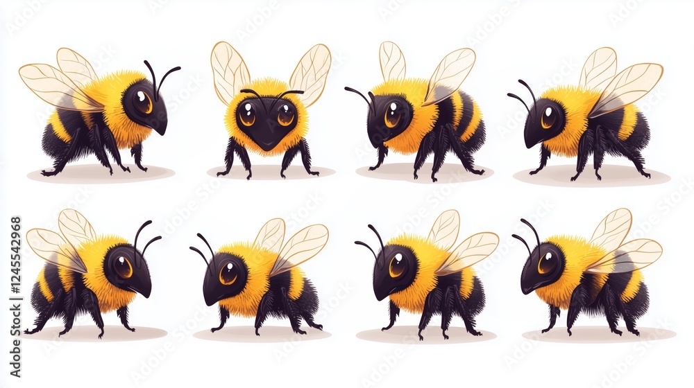 Fototapeta premium Eight cute bumblebees showing different poses and expressions