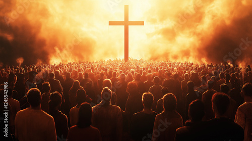 Group of people in front of cross, soft tone, Jesus Christ God holy spiritual gospel salvation faith grace. Sin redemption resurrection crucifixion heaven. Worship disciples Kingdom God forgiveness.
