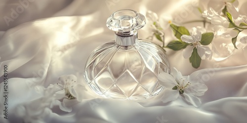 Elegant Perfume Bottle on Luxurious Silk with Fresh Flowers photo