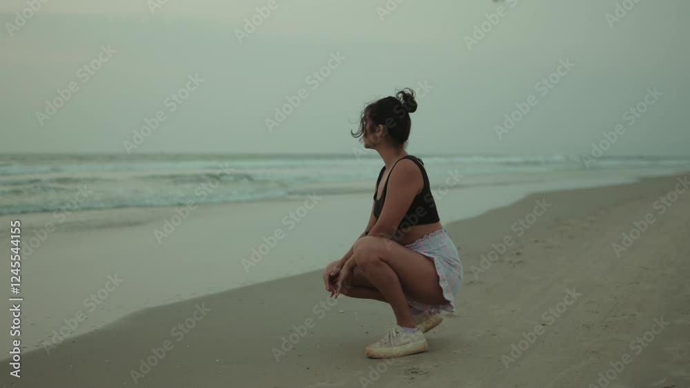 A woman crouching on a beach at sunrise, gazing into the distance, with calm waters A woman crouching on a beach at sunrise, gazing into the distance, with calm waters