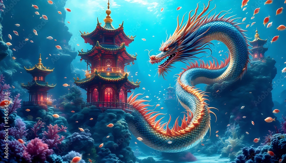 Obraz premium Majestic Underwater Dragon with Chinese Temples