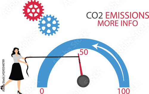 Politician use rope and pulls arrow on measuring scale for CO2 reduction. Carbon dioxide emissions control. Zero emission concept, sustainable technology, stop global warming.