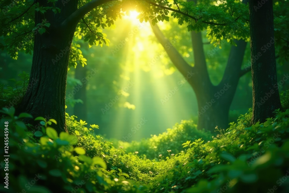 Fototapeta premium Twinkling light filters through dense foliage, greenery, winding, sunlight