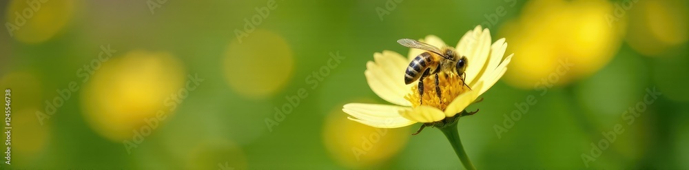 Tiny bee rests on delicate yellow white flower, rest, garden Tiny bee rests on delicate yellow white flower, rest, garden