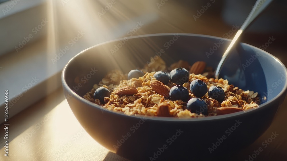 Muesli or granola in a bowl with a spoon, blueberries and nuts. Glare of light. Healthy breakfast Muesli or granola in a bowl with a spoon, blueberries and nuts. Glare of light. Healthy breakfast