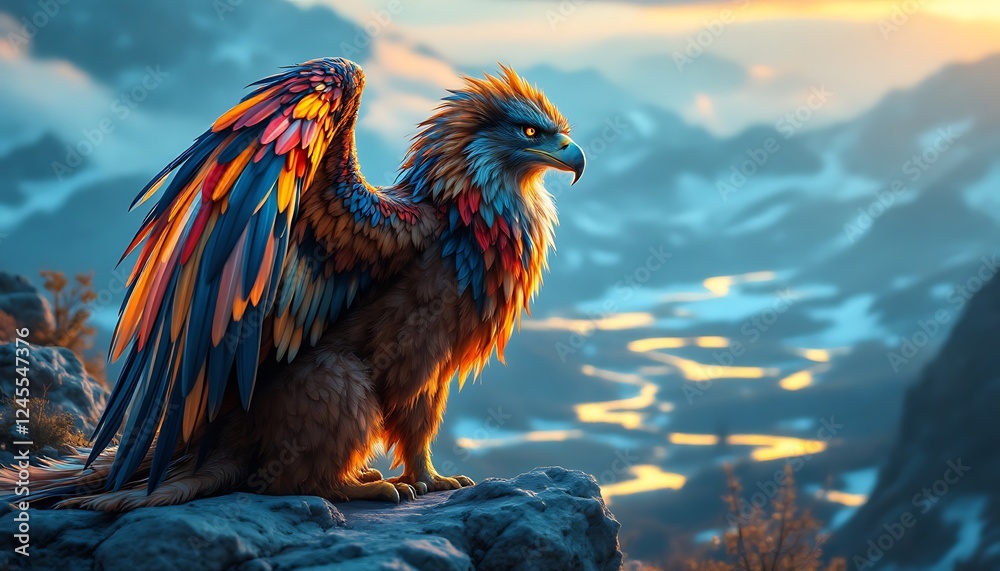 Fototapeta premium Majestic Colorful Griffin Fantasy Art Mountain Sunset