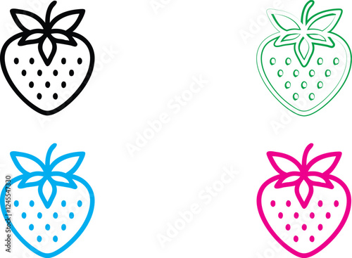 Minimalist strawberry icons, simple line drawings, four color variations, black white green blue pink, clean geometric shapes, outline style, playful fruit design, vector graphics, symmetrical berry i