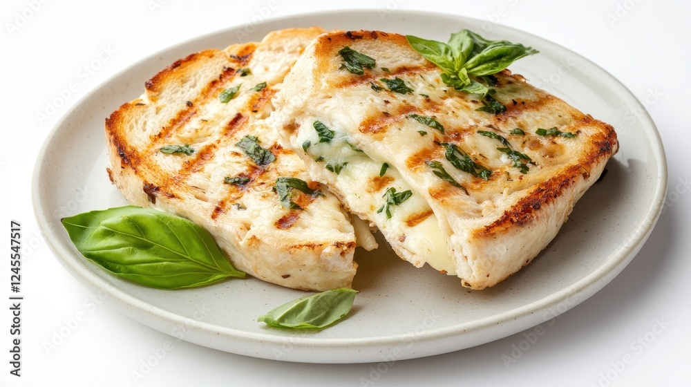 Grilled Turkey Panini. basil, provolone cheese on a plate Isolated on a white Background. Toast with cheese. Grilled Turkey Panini. basil, provolone cheese on a plate Isolated on a white Background. Toast with cheese.
