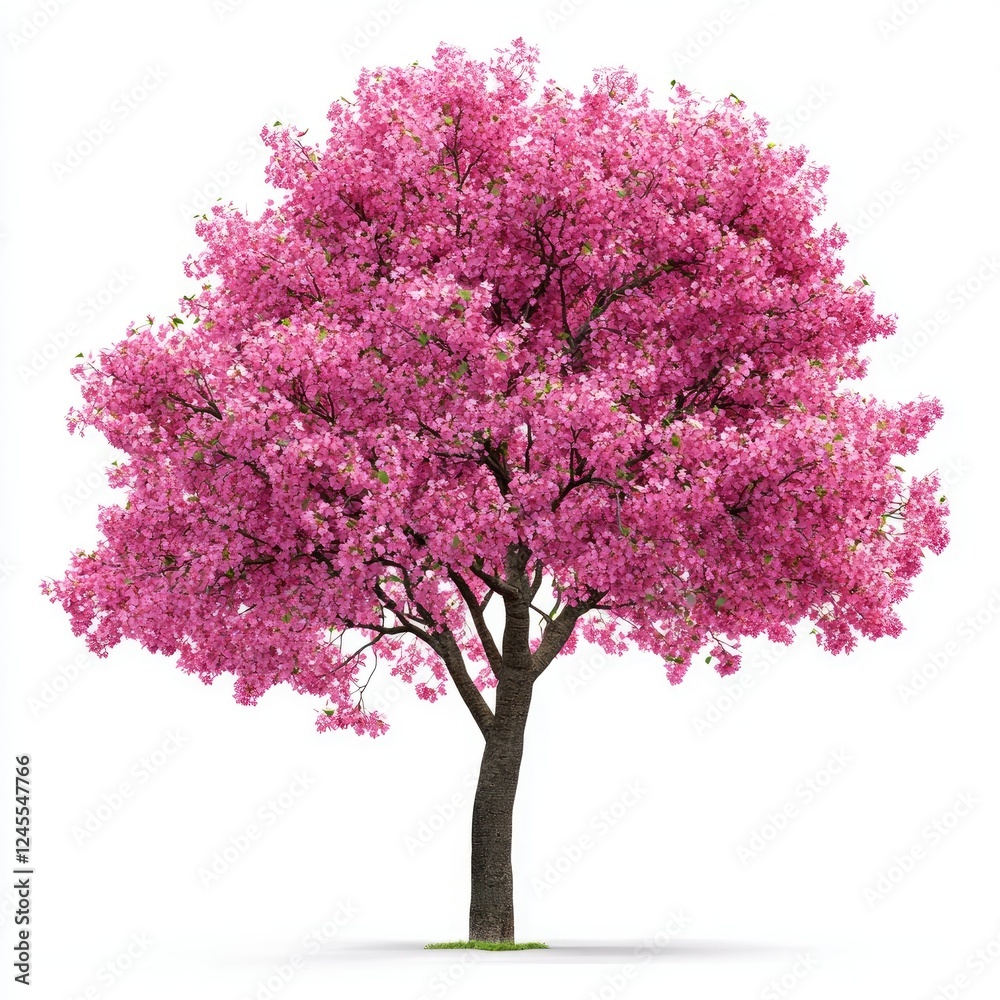 Fototapeta premium A pink tree with bright pink blossoms, isolated on a stark white background, highlighting its beauty