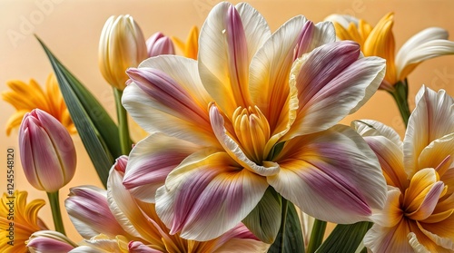Beautiful Colorful Flowers Bouquet with Vibrant Petals and Green Leaves Isolated on a White Background