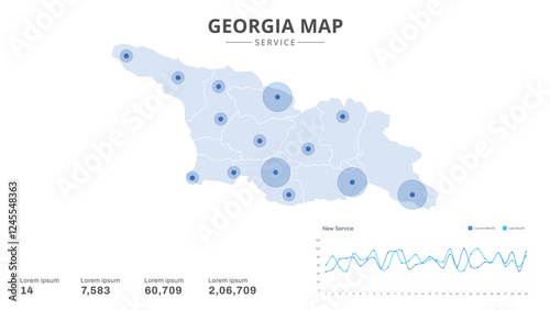 Service centers are highlighted within the of Georgia Infographic map. Business Infographic Map of Georgia. Vector Map of a Georgia map. Easy to edit