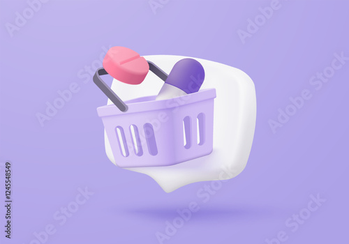 3d online pharmacy with first aid kit and medical equipment. Medicine ordering with mobile phone and shopping bag concept of healthcare. 3d drug store and e-commerce icon vector render illustration