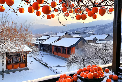 Winter scene of Gyeongbokgung Palace, located in Hohhot, Inner Mongolia, China, with a snowy landscape and traditional architecture blending with the serene winter atmosphere photo