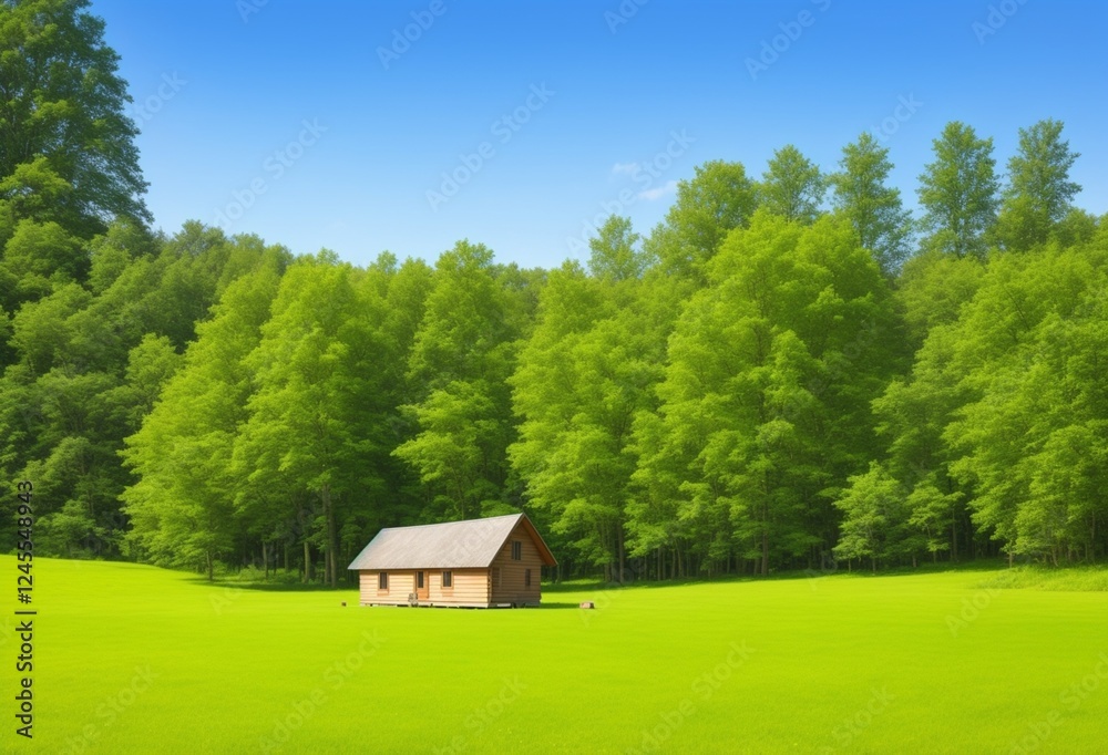 Small wooden cabin in a green field surrounded by trees under a clear blue sky captured in a tranquil rural setting with no people beautiful pic Small wooden cabin in a green field surrounded by trees under a clear blue sky captured in a tranquil rural setting with no people beautiful pic