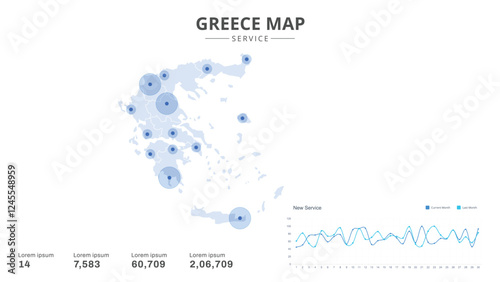 Service centers are highlighted within the of Greece Infographic map. Business Infographic Map of Greece. Vector Map of a Greece map. Easy to edit